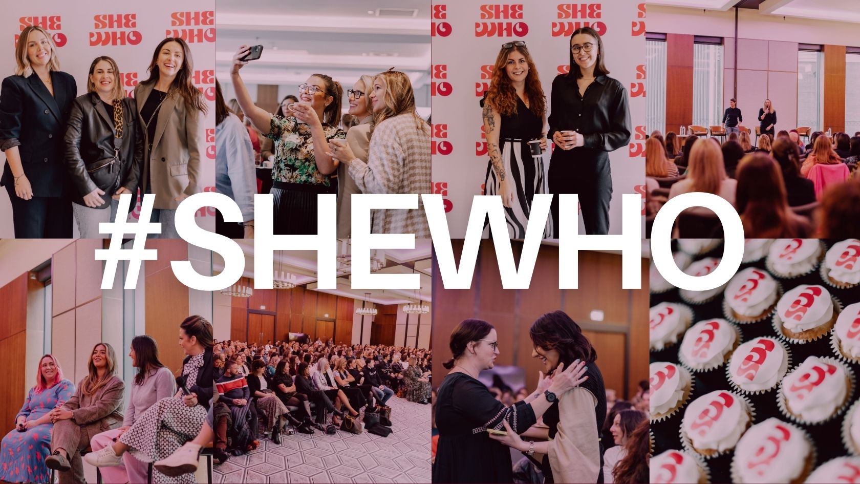 Collage of She Who event photos — talks, crowds and moments — overlaid with the words #SHEWHO