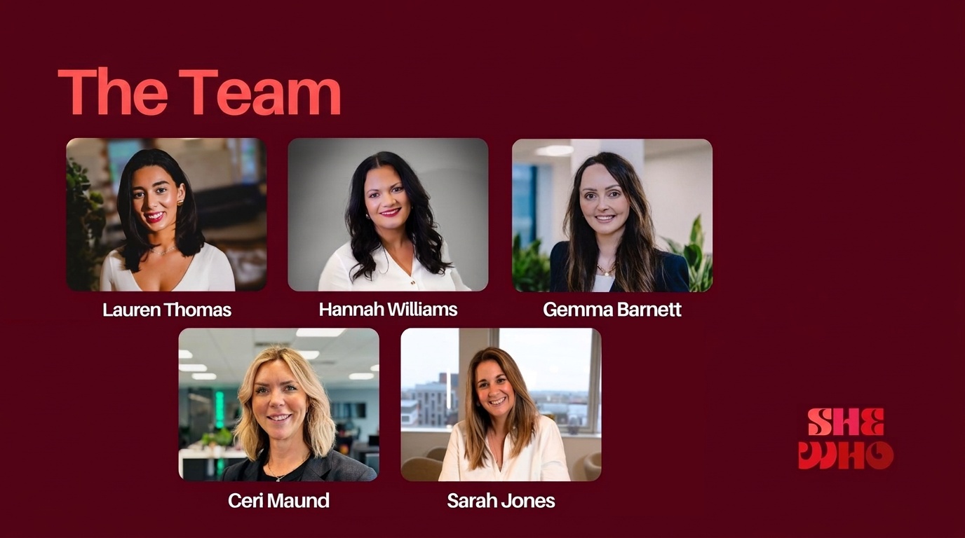 The She Who team — Lauren Thomas, Hannah Williams, Gemma Barnett, Ceri Maund and Sarah Jones